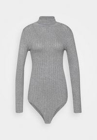 Body en tricot côtelé gris à manches longues, col roulé, silhouette moulante et découpes hautes au niveau des jambes, sur fond blanc.