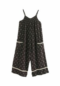 Salopetă neagră fără mâneci, cu un model floral, bust strâns, două buzunare laterale și dantelă la tiv. Material moale și croială lejeră.