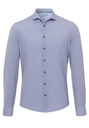 Lichtblauw button-up shirt met een gestructureerd patroon, lange mouwen, een puntige kraag en donkerblauwe knopen aan de voorkant.