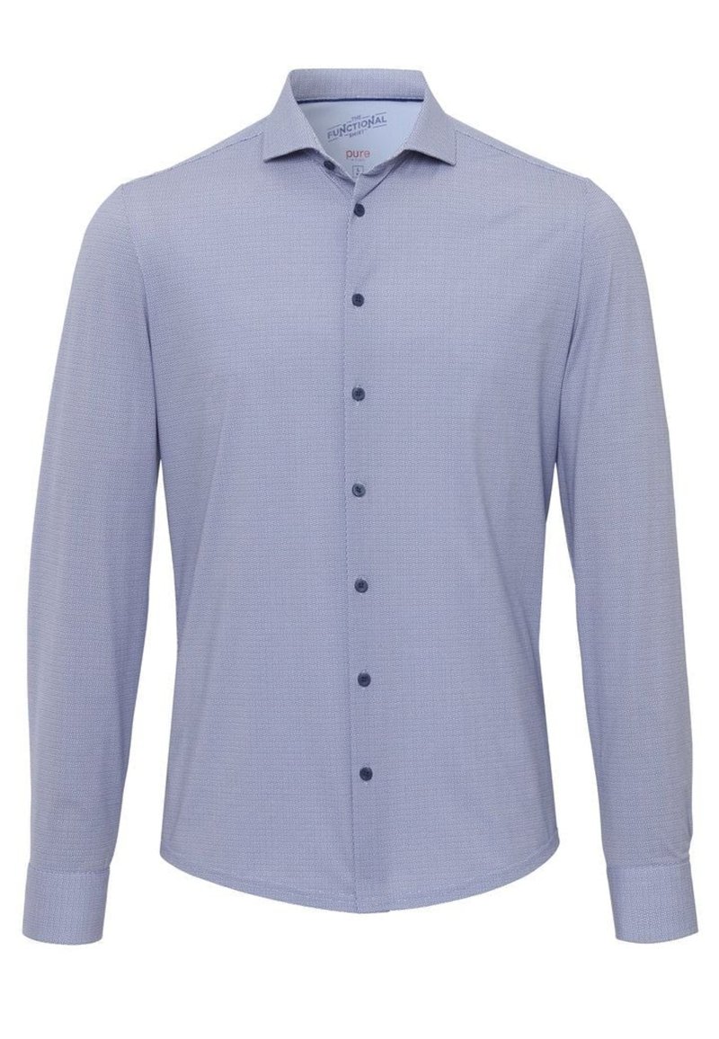 Lichtblauw button-up shirt met een gestructureerd patroon, lange mouwen, een puntige kraag en donkerblauwe knopen aan de voorkant.