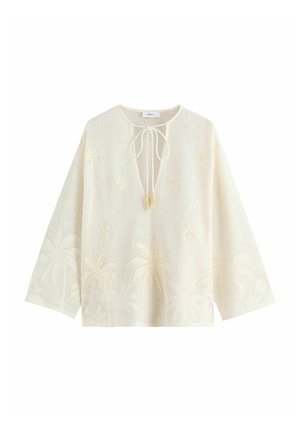 Roomwitte blouse met lange mouwen, versierd met palmboomborduursel, een V-hals en een striksluiting bij de hals, weergegeven tegen een witte achtergrond.