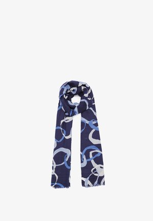 Sciarpa blu navy con motivi circolari intrecciati in azzurro e grigio. Realizzata in tessuto morbido con bordi sfrangiati.