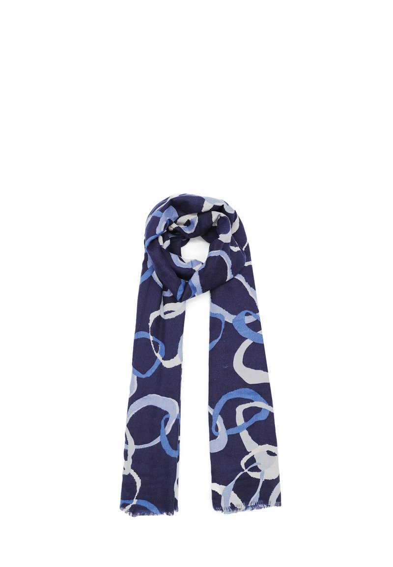 Sciarpa blu navy con motivi circolari intrecciati in azzurro e grigio. Realizzata in tessuto morbido con bordi sfrangiati.