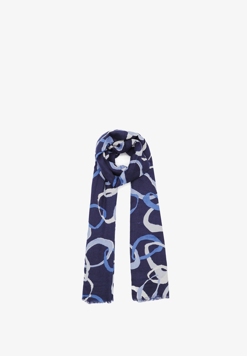 Sciarpa blu navy con motivi circolari intrecciati in azzurro e grigio. Realizzata in tessuto morbido con bordi sfrangiati.