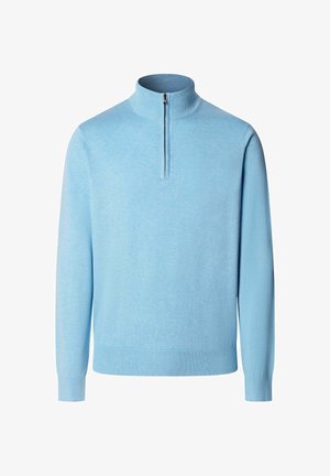 Pull à manches longues bleu clair avec col montant à demi-fermeture éclair et poignets et ourlet côtelés, présenté sur fond blanc.