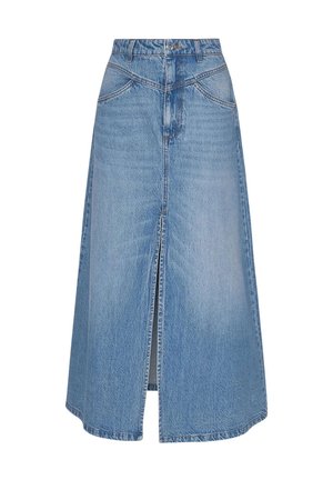 Jupe midi en denim bleu clair avec fente centrale à l’avant, poches avant, passants de ceinture et détails de couture visibles.