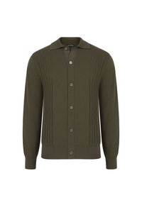 Sweter kardigan w kolorze oliwkowej zieleni, z długimi rękawami, kołnierzykiem, sześcioma guzikami i pionowymi detalami o fakturze prążkowanej.