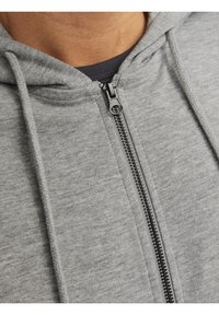 Grå zip-up hoodie i mjukt tyg, med framdragkedja och snoddar för huvan. Texturerat utseende med ett subtilt mönster.