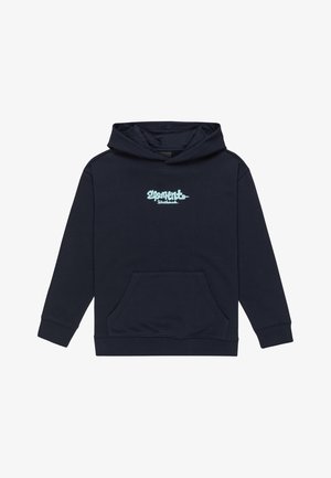 Mörkblå hoodie i bomull med en kenguruficka, prydd med en ljusblå logotyp på bröstet och ribbad mudd.