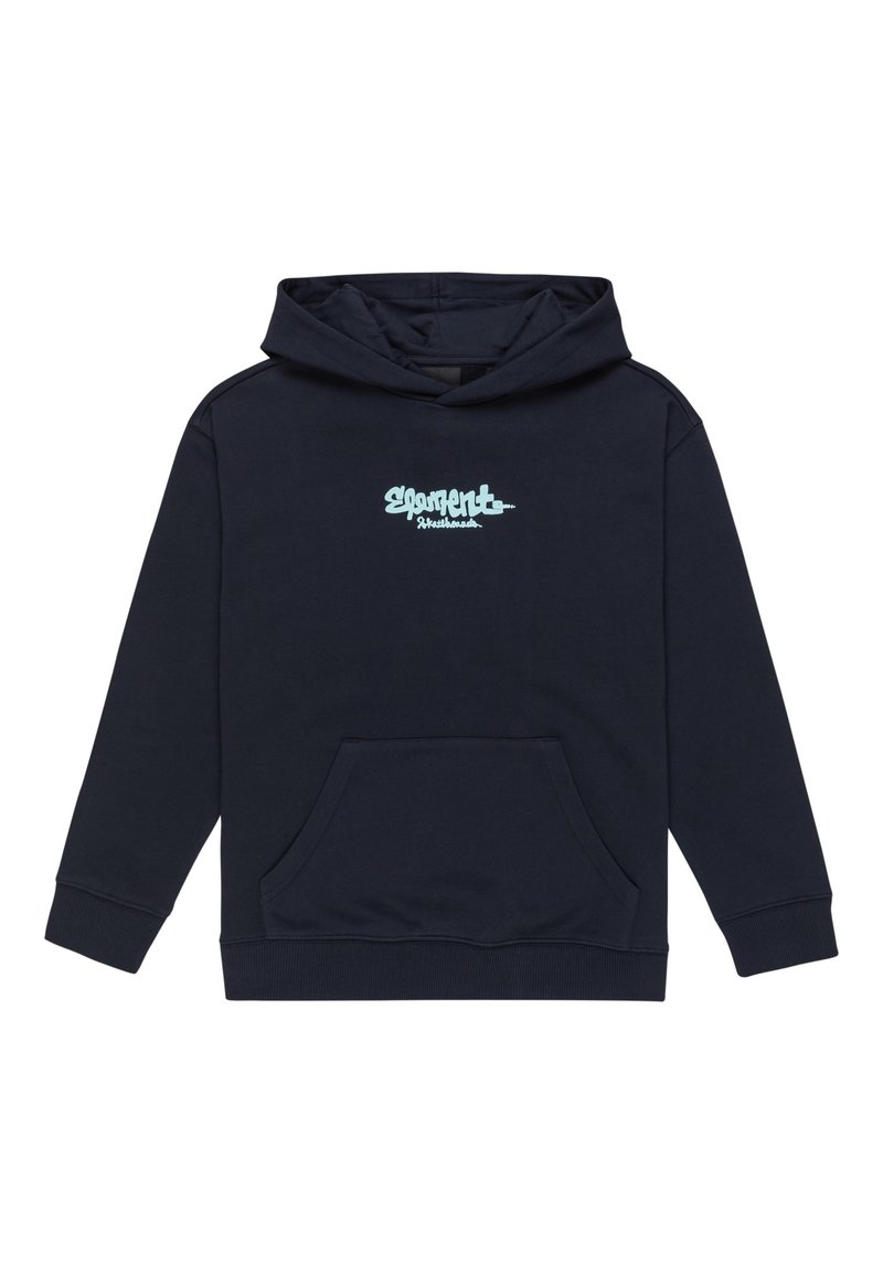 Felpa blu navy in cotone con tasca a marsupio, caratterizzata da un logo azzurro chiaro sul petto e polsini a costine.