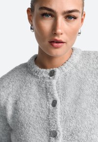 Hall hallide tekstuuriga hall jakk ümmarguse krae ja kolme nupuga kinni, millel on peen ruuduline muster. Pehme, karvane kangas; lähivaade.