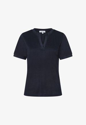 Marineblaues Kurzarm-Top mit V-Ausschnitt und dezentem Glitzerrand an Kragen und Ärmelsäumen, beschriftet mit "More & More".