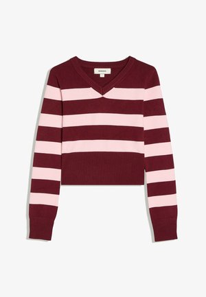 Bershka, EMBROIDERED V-NECK JUMPER - Striktrøje - dark red