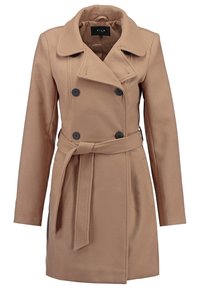 Beige dobbeltbrystet uldfrakke med sorte knapper, brede revers, taljebælte og sidelommer.