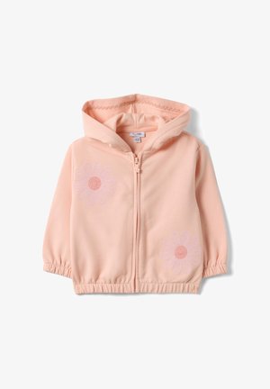 Sweat à capuche rose clair pour tout-petit avec fermeture éclair à l'avant, poignets élastiques et deux motifs de marguerites brodées sur le devant.