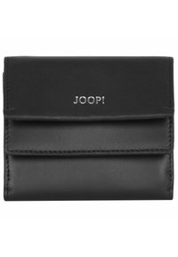 Schwarze Lederbörse mit glatter Textur, ausgestattet mit einem Klappenverschluss und einem silberfarbenen, embossed "JOOP!" Logo auf der Vorderseite. Kompaktes Design.