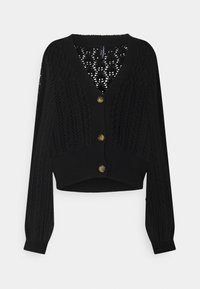 Cardigan corto nero con scollo a V, caratterizzato da un motivo in pizzo, maniche lunghe e quattro bottoni dorati sul davanti.
