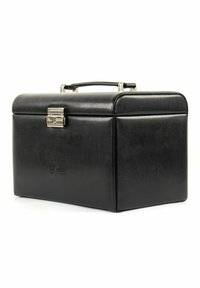 Trousse de maquillage en cuir noir de forme rectangulaire, avec un fermoir en métal argenté et une finition texturée ; équipée d'une poignée sur le dessus pour un transport facile.