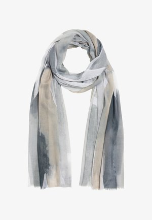 Lightweight scarf in shades of gray and beige, featuring a watercolor stripe pattern with a soft, sheer texture and frayed edges.