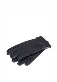 Guantes de cuero negro con un diseño elegante, que presentan un ajuste ceñido y detalles fruncidos en la muñeca. Textura suave con compartimentos definidos para los dedos.