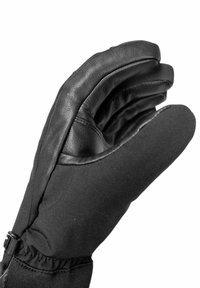 Zwart leren want in stil van een handschoen, met een zachte textiele manchet, een gladde leren textuur en een ontwerp met drie delen voor de vingers voor flexibiliteit.