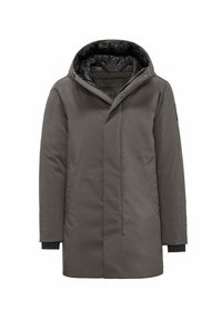 Cappotto caldo grigio con cappuccio, dotato di un interno trapuntato nero, tasche laterali e polsini a coste per una vestibilità aderente.