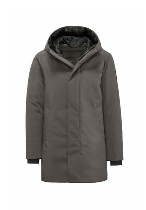 Warme, grijze jas met een capuchon, voorzien van een gewatteerde zwarte binnenkant, zijzakken en ribgebreide boorden voor een snug fit.