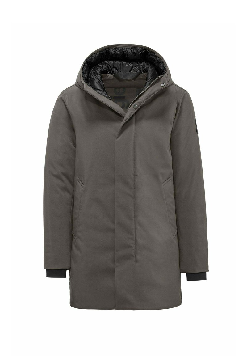 Cappotto caldo grigio con cappuccio, dotato di un interno trapuntato nero, tasche laterali e polsini a coste per una vestibilità aderente.