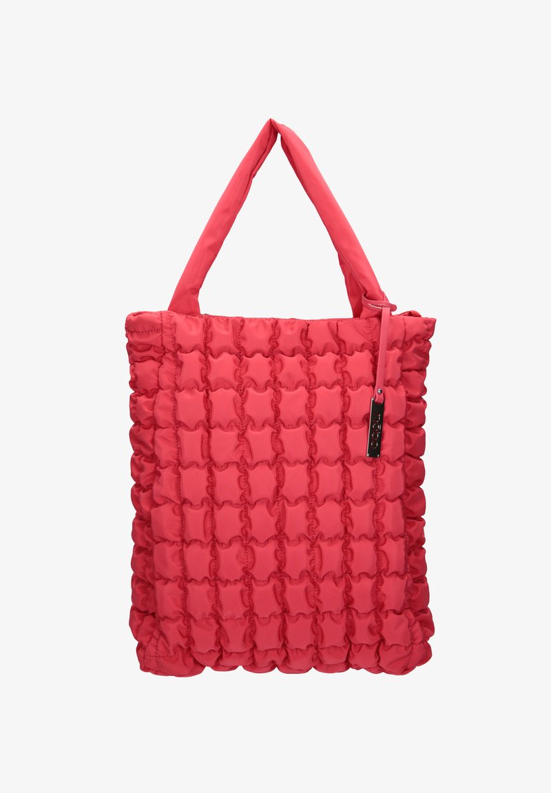 Gequilte roze draagtas met een gevoerde textuur, twee schouderbanden en een zijrits. Bevat metalen hardware en een handtekeningstag.