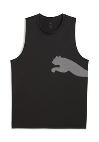 Canottiera sportiva nera senza maniche realizzata in tessuto liscio, con il logo riflettente Puma in grigio chiaro sul lato sinistro.