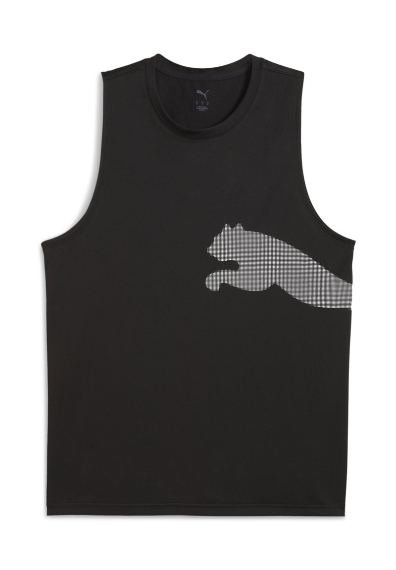 Canottiera sportiva nera senza maniche realizzata in tessuto liscio, con il logo riflettente Puma in grigio chiaro sul lato sinistro.
