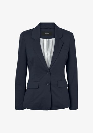 Mörkblå kavaj med slagkrage, enkelknäppning, två framfickor och randigt innerfoder. Tillverkad av ett mjukt material.