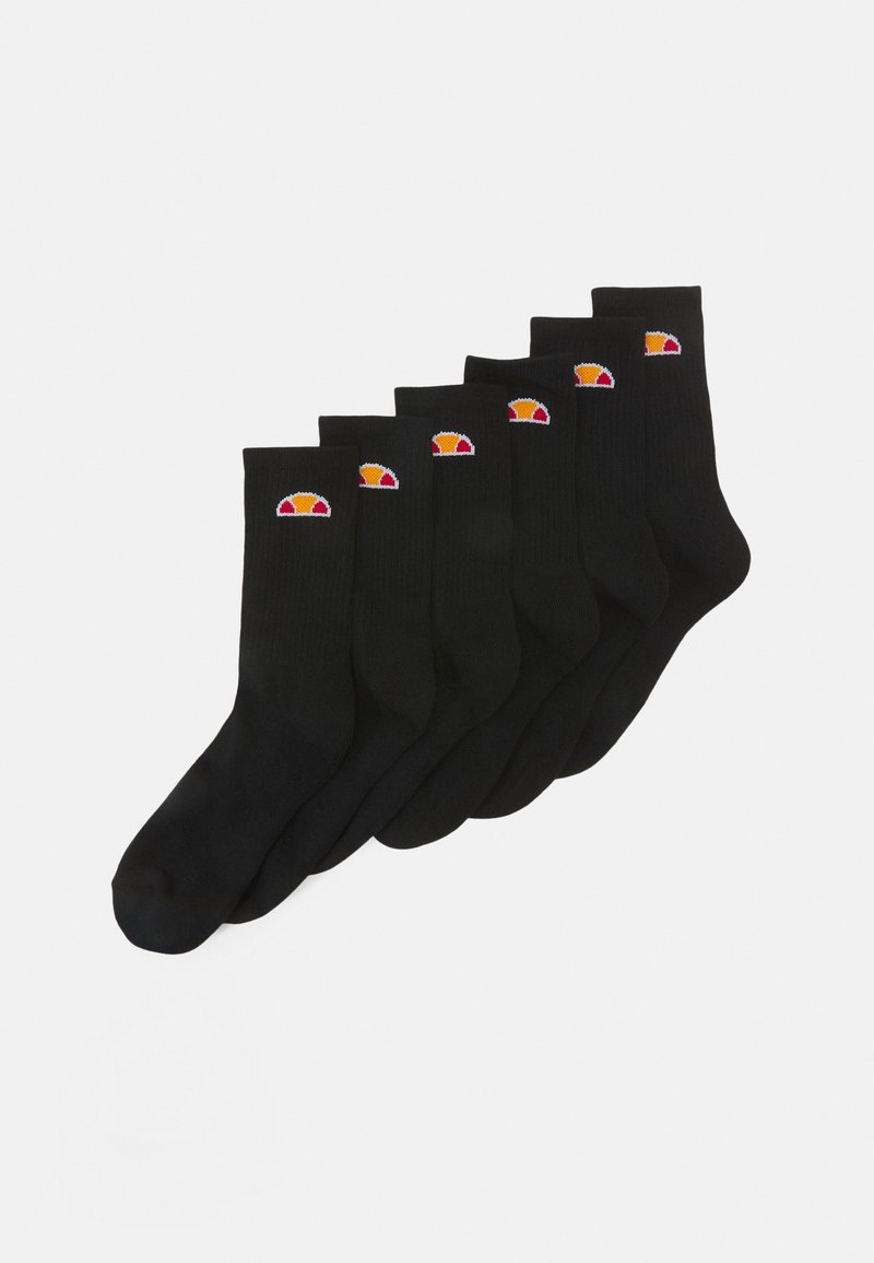 Schwarze Baumwollcrewsocken mit einem bunten gestickten Logo, präsentiert in einem Set von sechs. Glatte Textur und einheitliche Form.