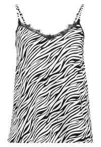 Camiseta de tirantes en blanco y negro con estampado de cebra y detalles de encaje, tirantes delgados ajustables y diseño de escote en V. Tejido suave y ligero.
