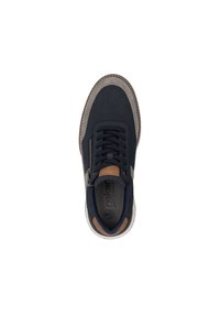 Navy canvas sneaker with grey suede accents and brown leather detail. Features round laces, padded collar, and textured insole.
