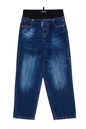 Blaue Jeans im weiten Schnitt aus Denim mit einem schwarzen Bund, verblasster Textur und dezenten Abnutzungsspuren. Verfügt über ein Fünf-Taschen-Design und Kontrastnähte.