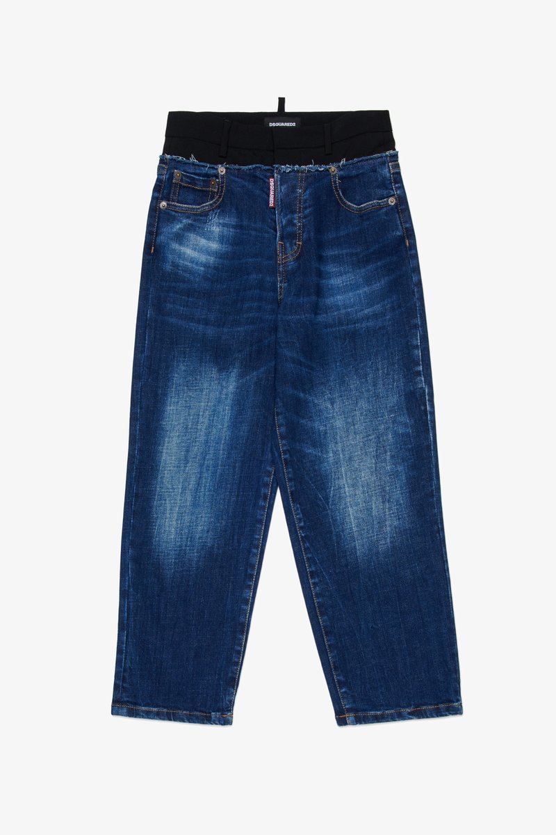 Blå denim vide bukser med sort talje, falmet struktur og subtile brugsmarkeringer. Har fem lomme-design og kontrast-syninger.