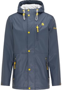 Veste imperméable bleu marine avec une capuche, boutons jaunes, doublure grise et poches latérales. Dispose d'une poche poitrine zippée et d'un ajustement par cordon.
