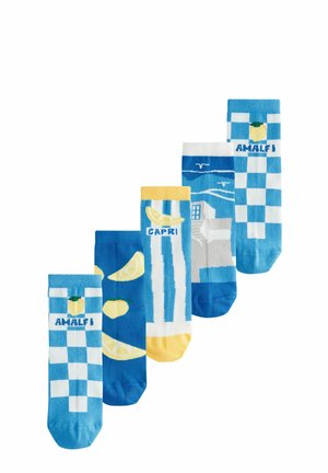 Five pairs of cotton socks featuring blue and white themes, lemon motifs, checker patterns, and "Amalfi" and "Capri" text accents.