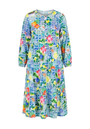 Robe à manches longues, longueur genou, avec encolure boutonnée, présentant des motifs floraux et feuillus vifs en bleu, vert, jaune, rose et orange.