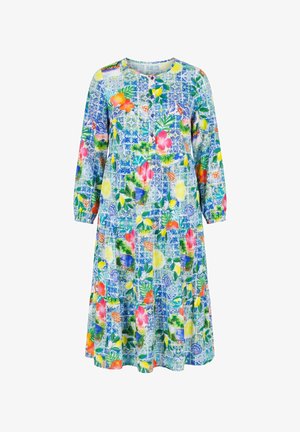 Robe à manches longues, longueur genou, avec encolure boutonnée, présentant des motifs floraux et feuillus vifs en bleu, vert, jaune, rose et orange.