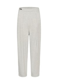 Világosszürke, tapered szabású nadrág puha anyagból, széles gumis derékkal és elülső redőkkel. Egyszerű kivitel, további díszítések nélkül.