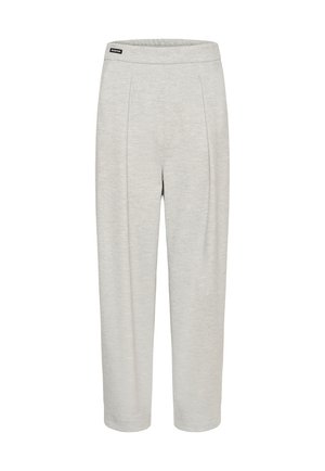 Light grey tapered pants made of soft fabric, featuring a wide elastic waistband and front pleats. Simple design with no additional accents.