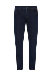Jeans in denim blu scuro con un design aderente, caratterizzati da cinque tasche, una zip e una chiusura con un solo bottone. Texture liscia con cuciture sottili.