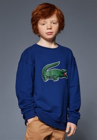 Blå sweatshirt i mjukt tyg med en grön krokodilgrafik på framsidan. Har ribbade muddar och nederkant samt en avslappnad passform.
