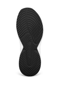 Shoe sole with a black rubber tread, textured with deep grooves and ridges. White side panels with branding detail near the center.