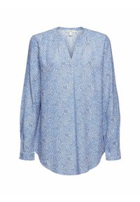 Blusa blu chiaro a maniche lunghe con scollo a V, caratterizzata da un motivo floreale in bianco e blu scuro, realizzata in un tessuto morbido e leggero.