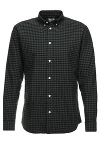 Černá a tmavozelená kostkovaná dlouhá košile s knoflíkovým límcem a bílými knoflíky po celé délce.