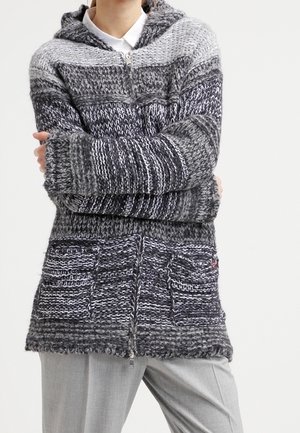 Knit hooded sweater with gray and black stripes, featuring ribbed cuffs and hem, two front pockets, and a zippered closure.