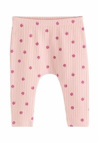Rosa gerippte Babyleggings mit verstreuten dunkelpinkfarbenen Kirschmotiven und einem elastischen Bund.